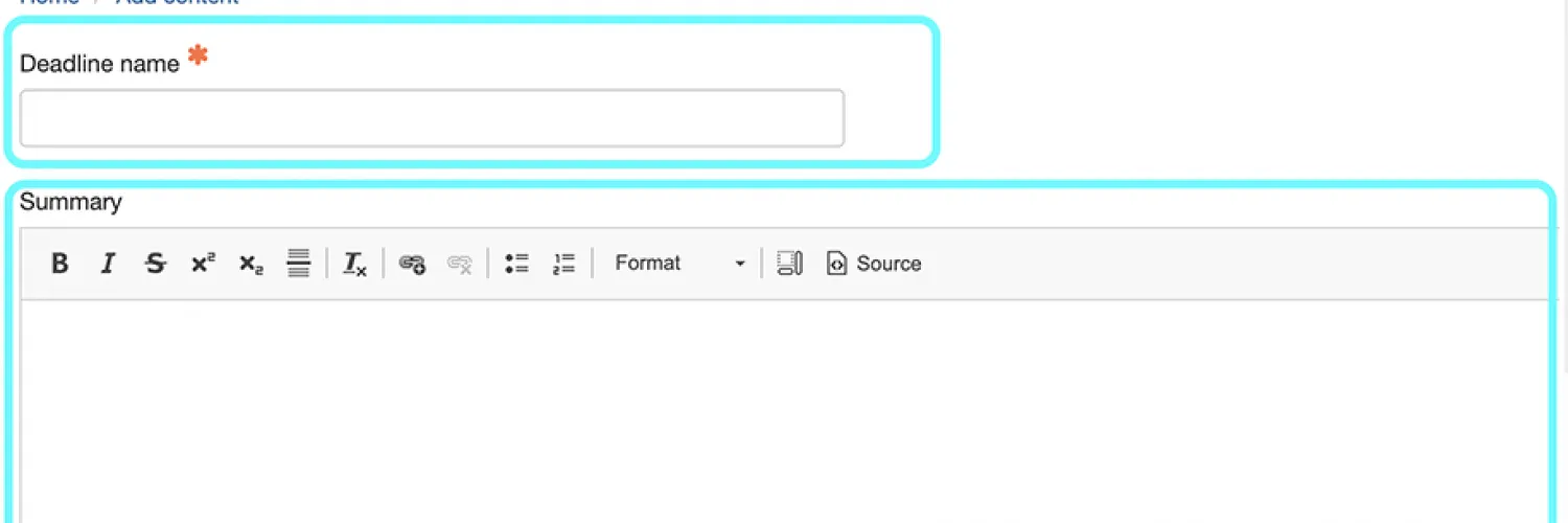 text highlghting the fields on the backend of the create deadline content type