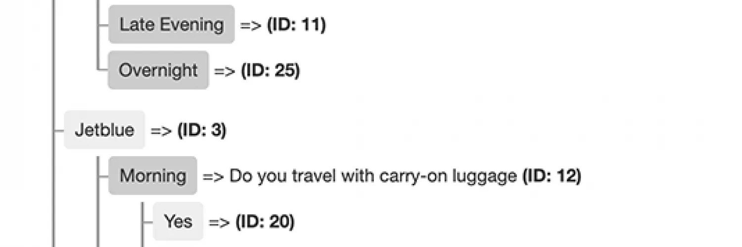 Text showcasing the backend of a decision tree questions and answers