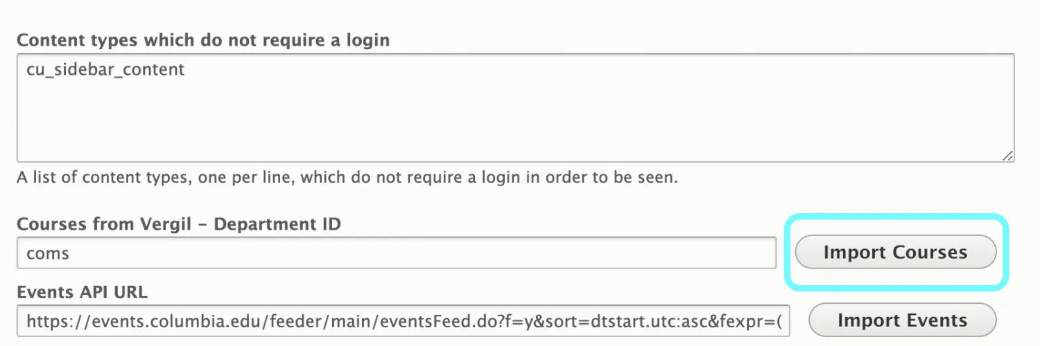 Text displaying import courses button 