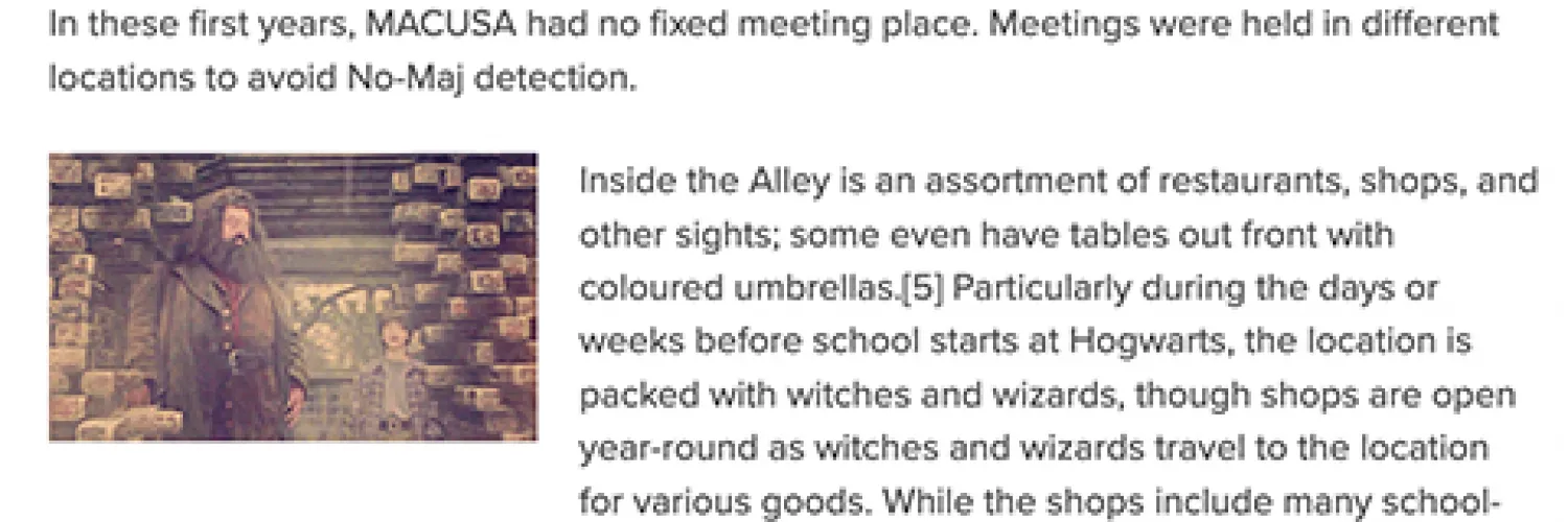 A brick wall opens up to reveal a Harry Potter character while text wraps around the image. 