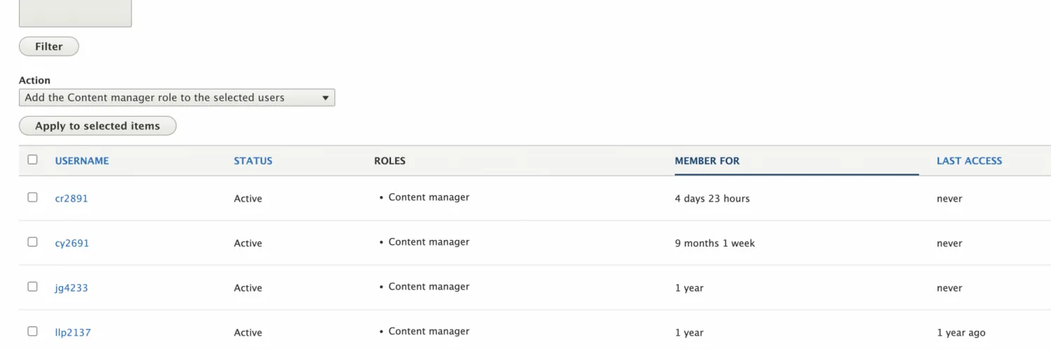 Screen grab of People page showing list of users by UNI, status and assigned roles, and last log in