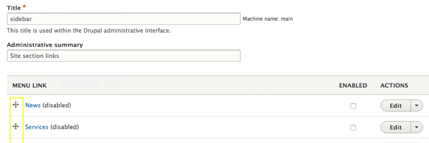 Screen grab of Edit Menu page