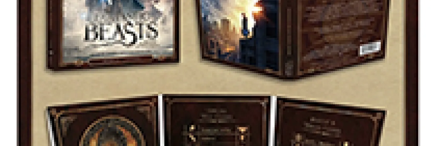 A collection of Harry Potter music is displayed across a tan plaque while text surrounds the image. 