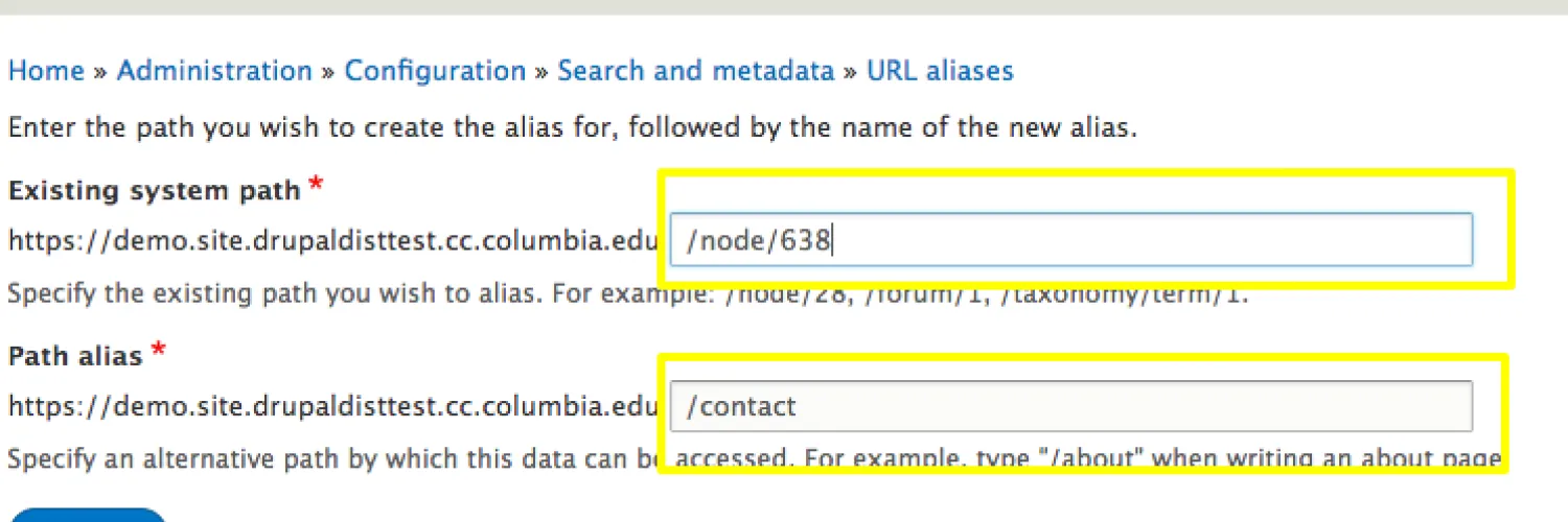 Existing system path and Path alias fields