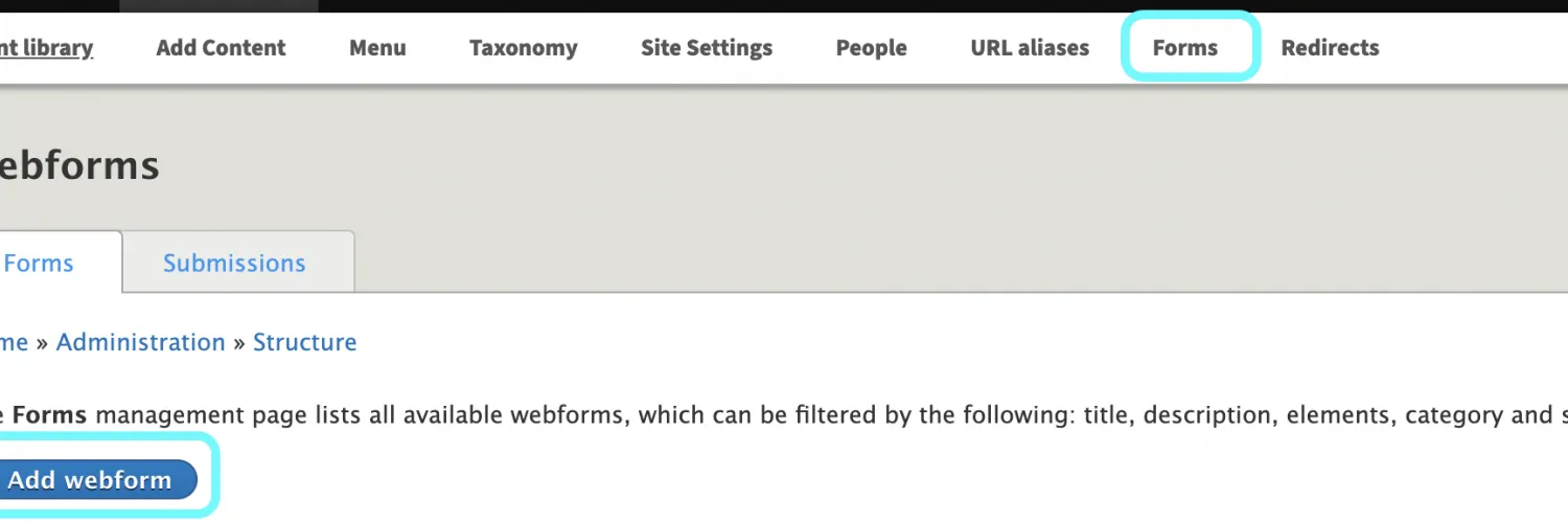 Text highlighting Adding Content and Webform